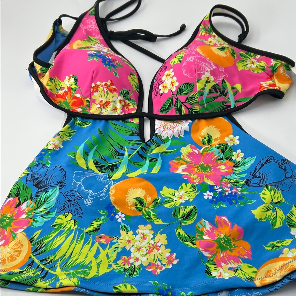 Floral Bikini Top with Black Trim